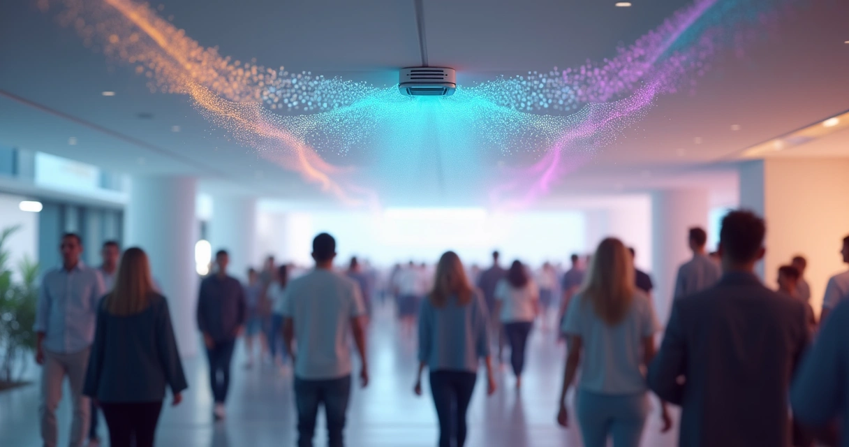 Sensor de monitoramento de circulação instalado em teto de evento com pessoas caminhando embaixo