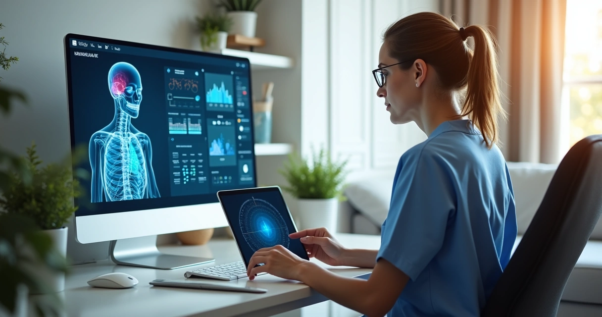 Profissional monitora dados de saúde pelo tablet no home care