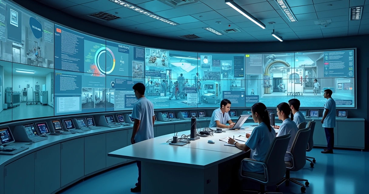 Panel digital mostrando monitoreo ambiental en hospital.