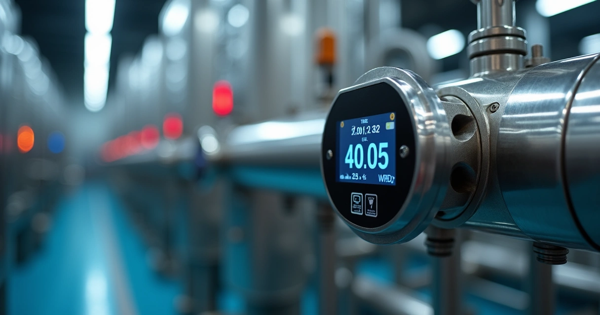 Sensor digital em tubulação industrial mostrando dados em tempo real 