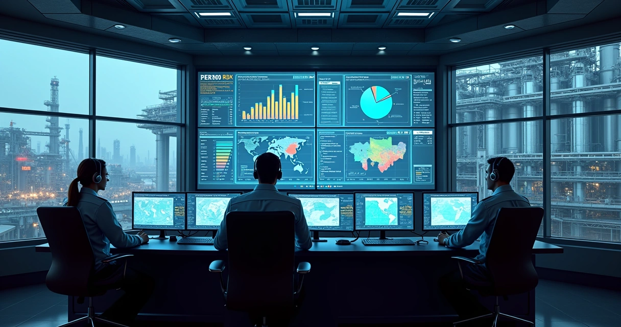 Sala de controle com múltiplos monitores exibindo gráficos de riscos em indústria 