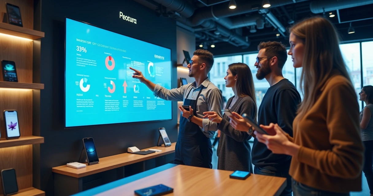 Equipe usando tecnologia para monitorar processos em loja de celular