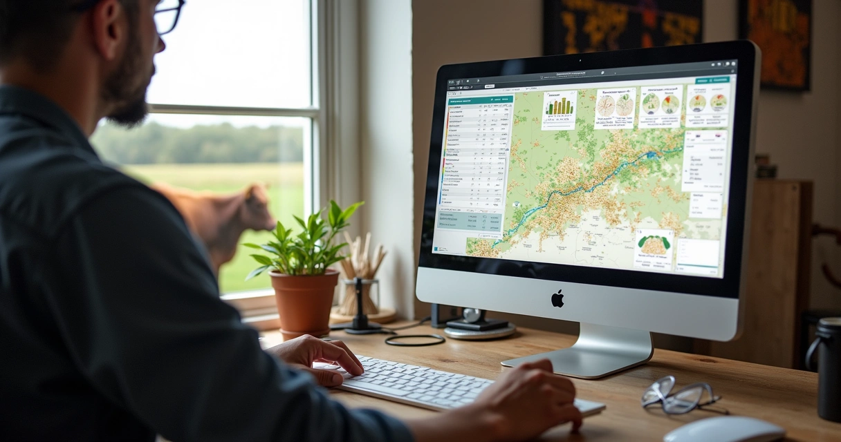 Monitoramento de rebanho bovino em tela de computador na fazenda 