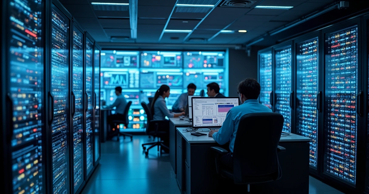 Telas de monitoramento de processos e servidores em ambiente de TI com painéis digitais e gráficos em tempo real 