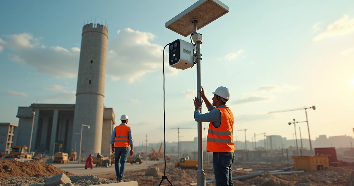 Equipe técnica instalando câmera time-lapse em canteiro de obras 