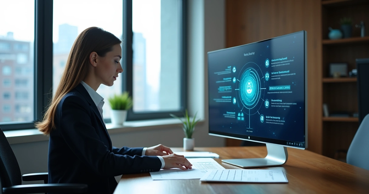 Advogado usando plataforma digital com IA no escritório 
