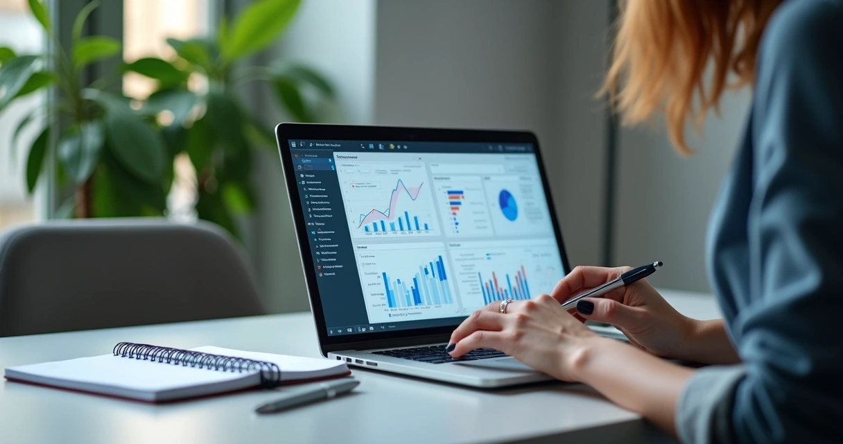 Mesa de trabalho organizada com notebook, gráficos digitais e caneta 