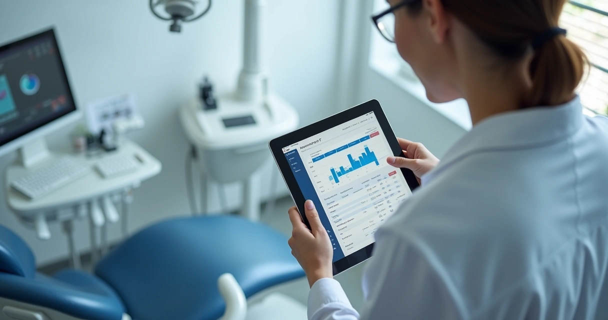 Profissional de odontologia usando tablet com software de gestão