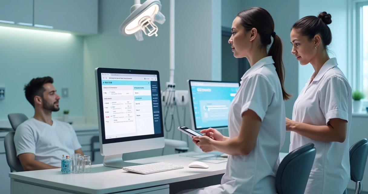 Equipe odontológica usando computador em consultório