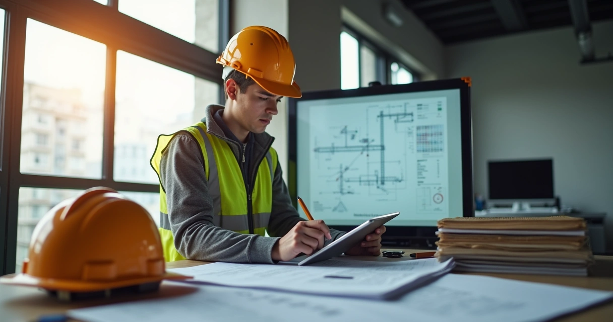 Profissional júnior estudando processos construtivos em tablet