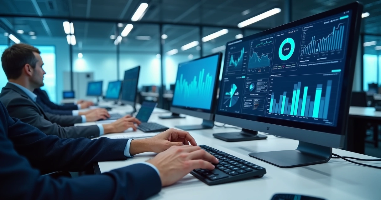 Sala de escritório moderno com vários computadores mostrando dashboards de software contábil 