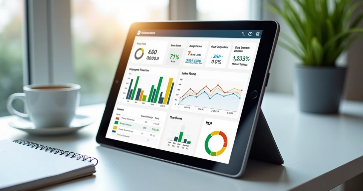 Dashboard digital mostrando gráficos de engajamento, ticket médio e métricas EAD em tablet 