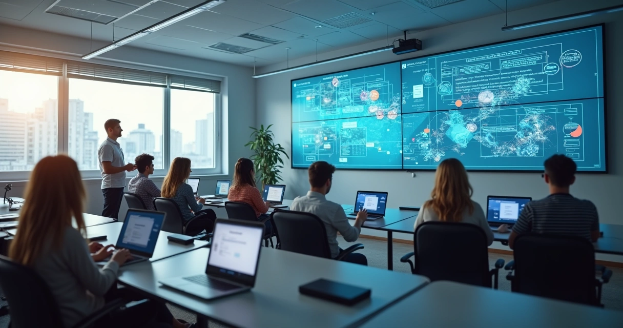 Sala de aula moderna com equipamentos de tecnologia educacional, computadores e telas interativas 