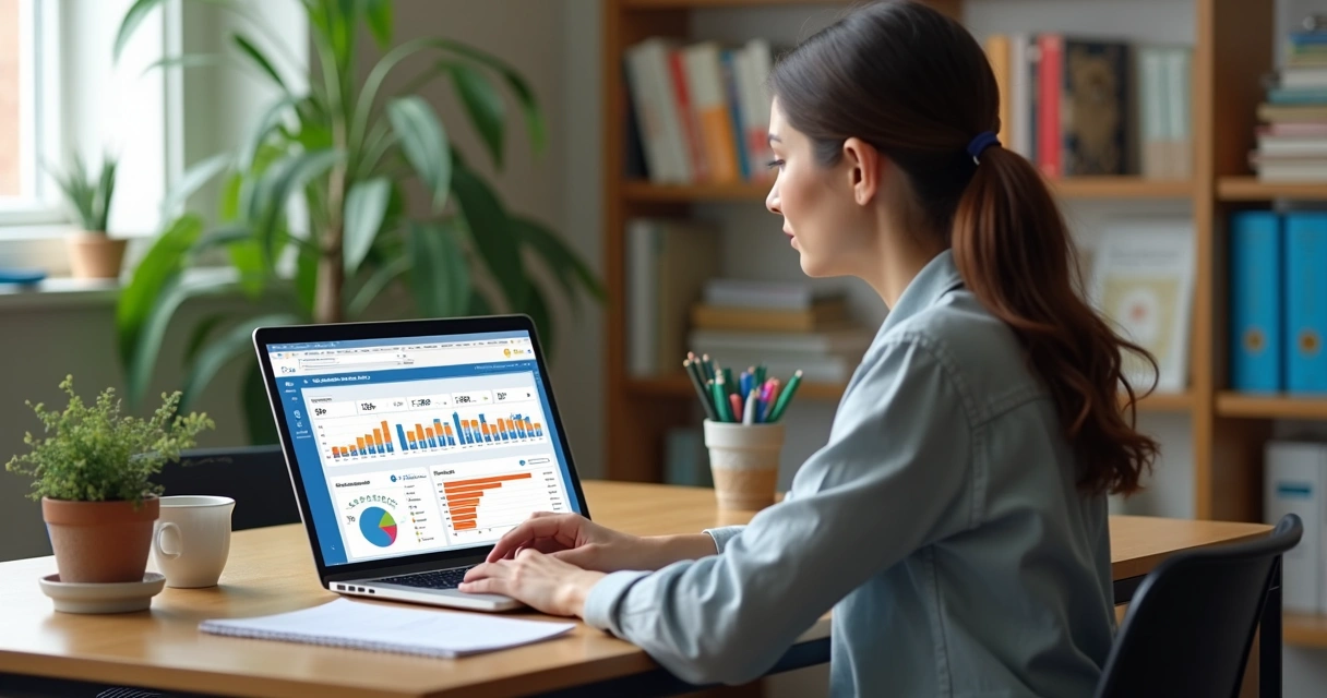 Mulher usando notebook com gráficos e dashboard escolar na tela 