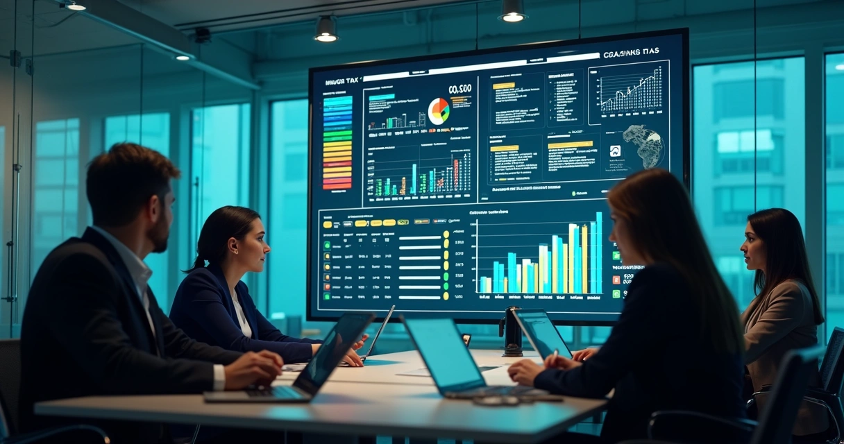Painel digital exibindo dashboards fiscais