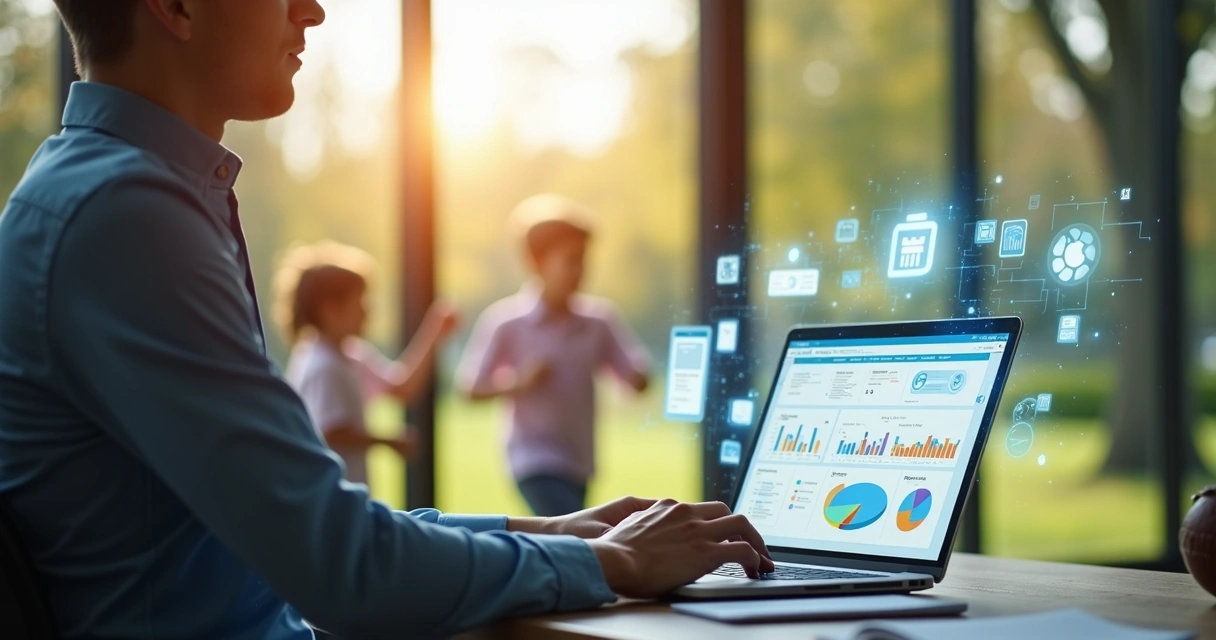 Gestor de escola esportiva usando notebook cercado de documentos digitalizados e crianças jogando 