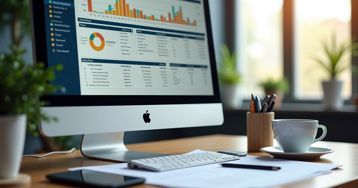 Tela de computador com dashboard financeiro e smartphone com alerta 