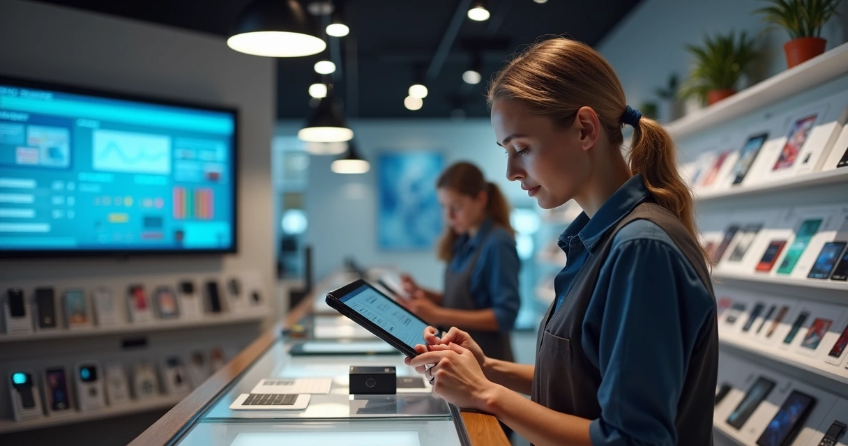Funcionário registrando dados em tablet em loja de celulares 