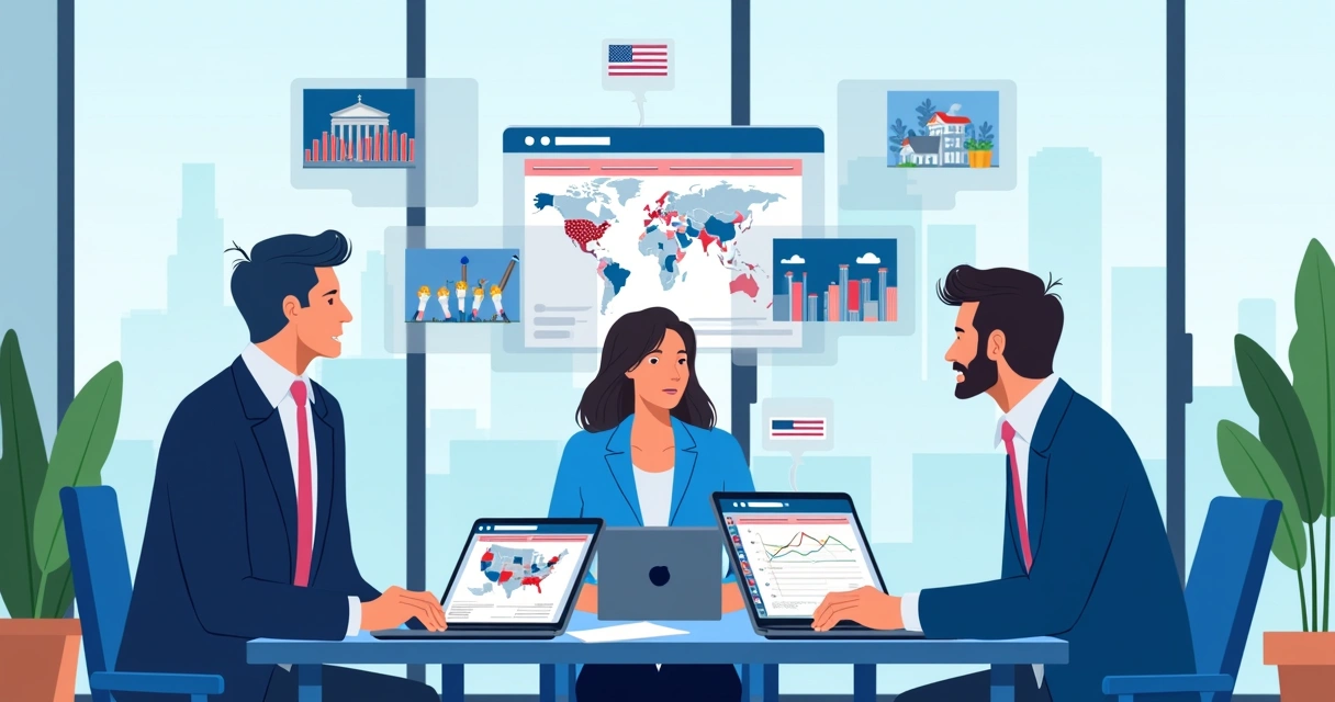 Equipe analisando dados em computadores sobre mapas eleitorais