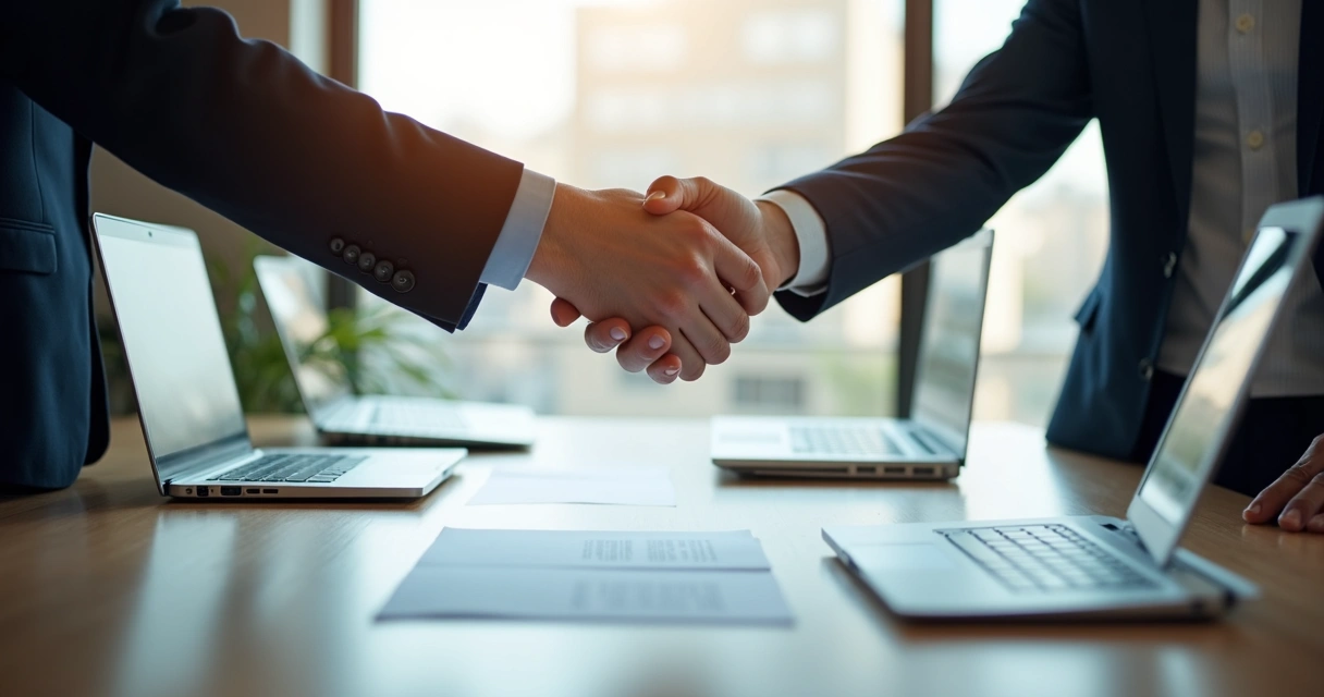 Mesa de reunião com documentos de contrato, dois profissionais apertando as mãos e presença de computadores ao fundo.