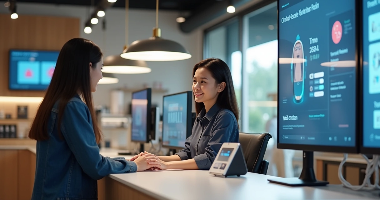 Terminal digital com chatbot ajudando atendimento presencial 