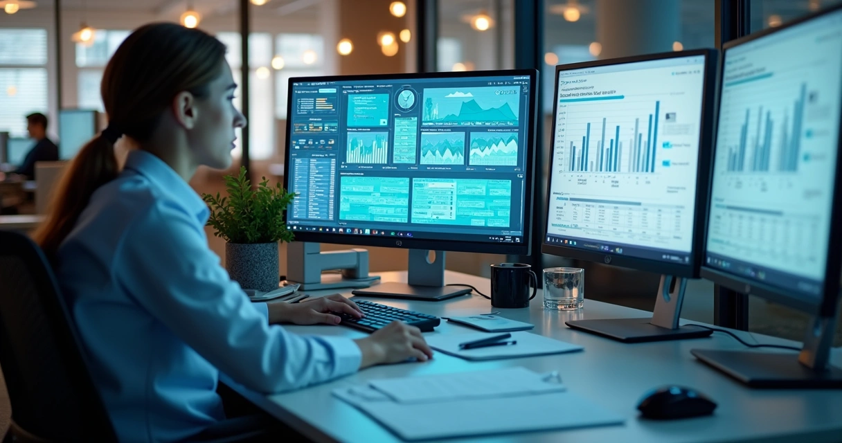 Mesa de escritório moderno com computadores, monitores e gráficos fiscais digitais. 