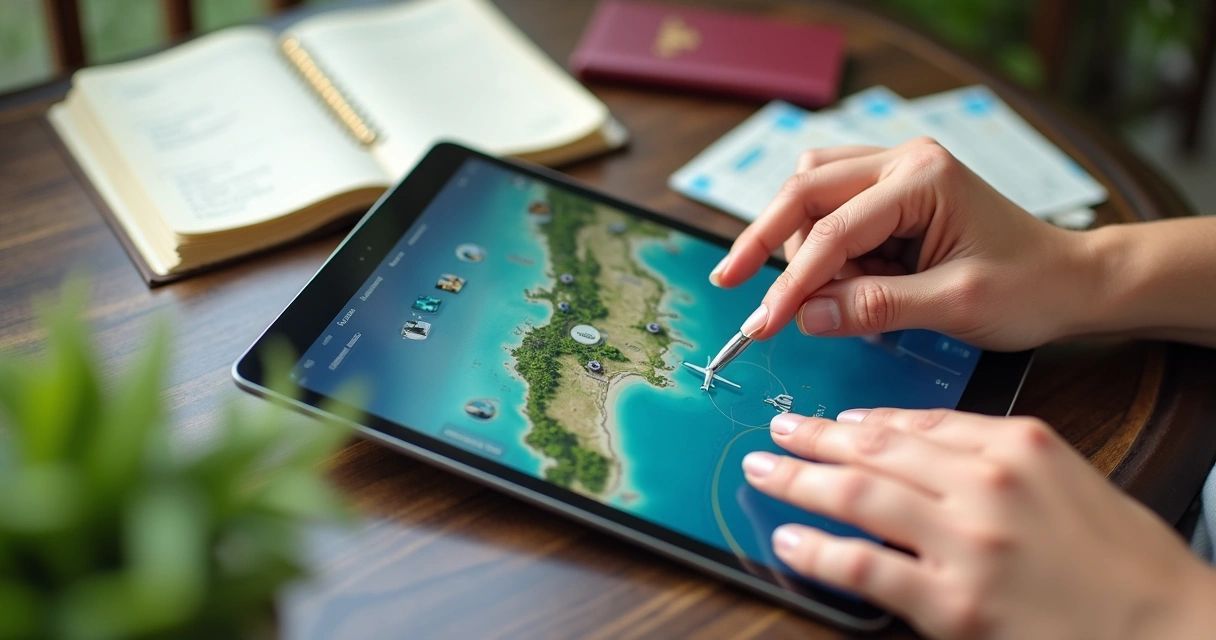 Tablet com aplicativo de viagem e passagens na mesa 