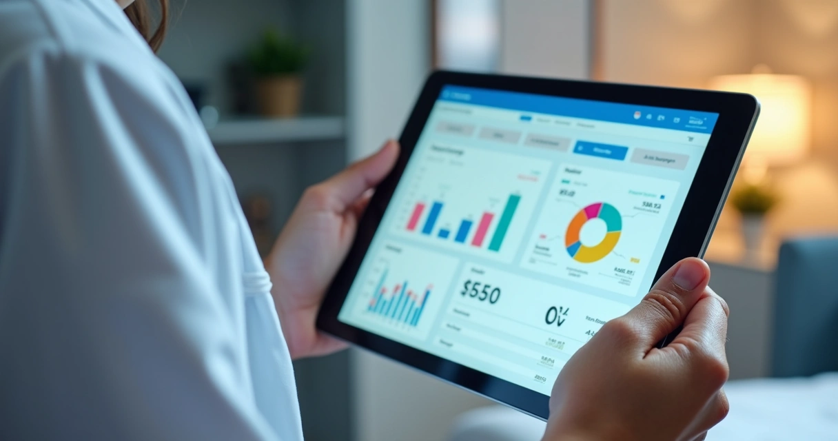 Profissional usando software de contabilidade em tablet com gráficos coloridos e consultório ao fundo 