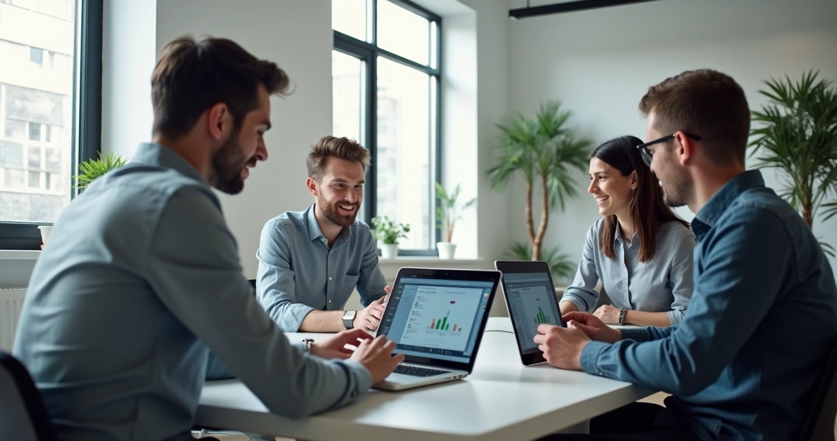 Pequeno time usando computador e aplicativos para acompanhar vendas. 