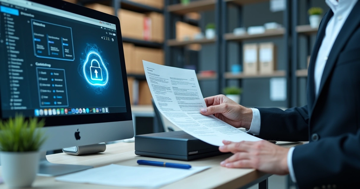 Colaborador de escritório digitalizando documentos fiscais em um scanner moderno 