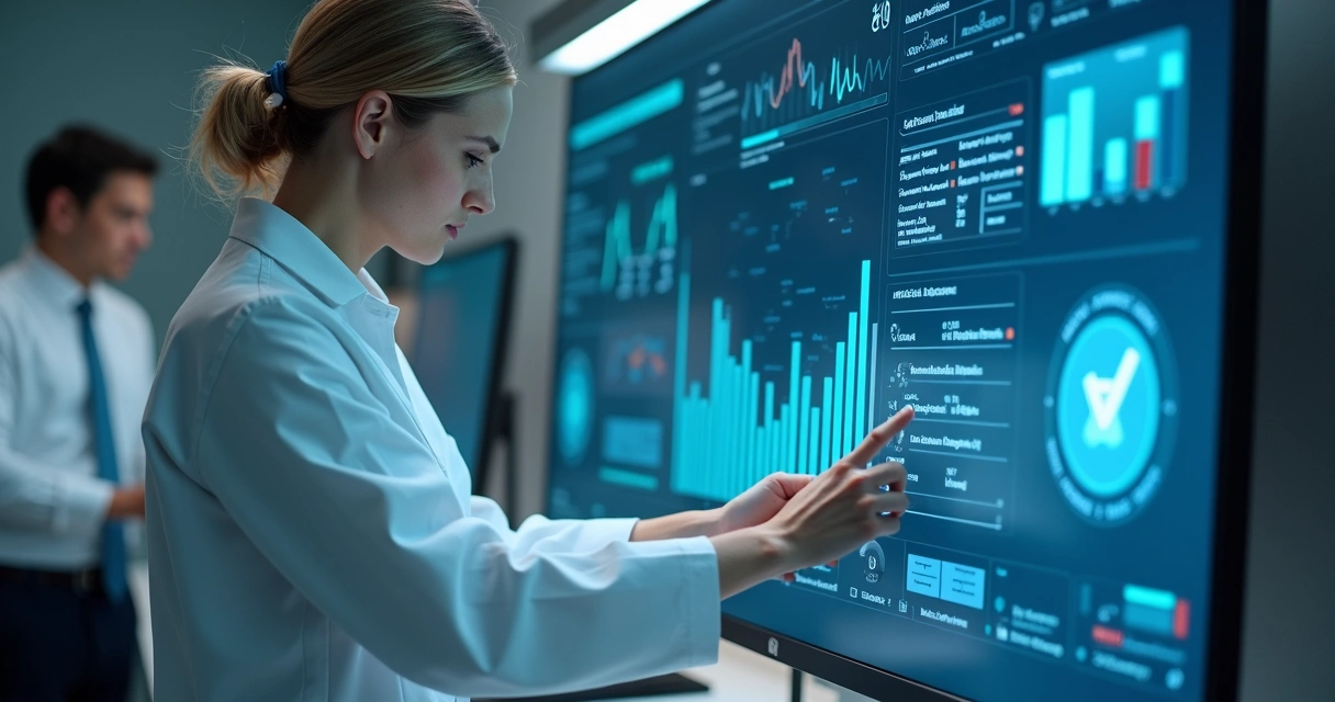 Plataforma de acompanhamento nutricional, gráficos no computador, prontuário digital com símbolos de segurança 