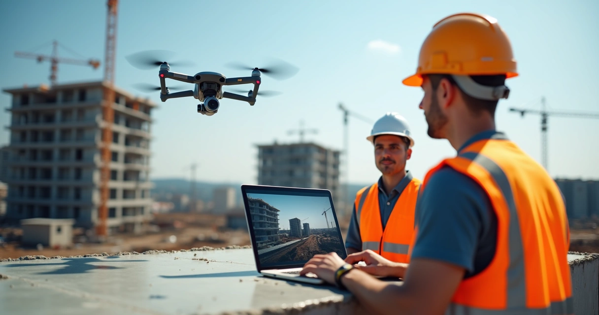 Drone sobrevoando canteiro de obra para inspeção 