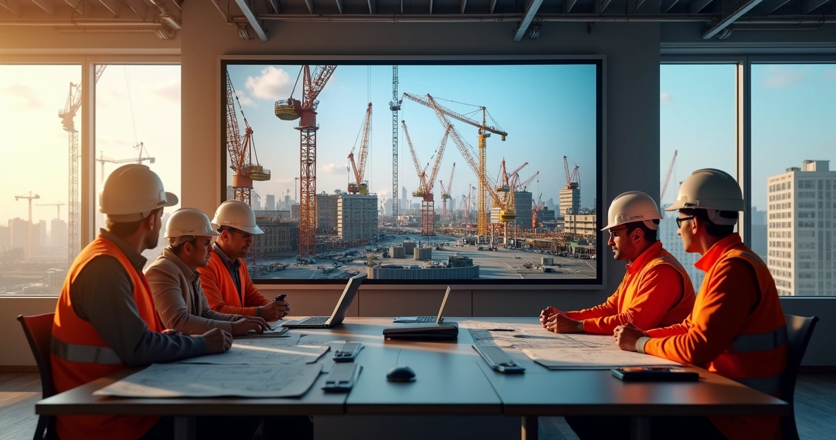 Equipe analisando vídeo time-lapse em obra 
