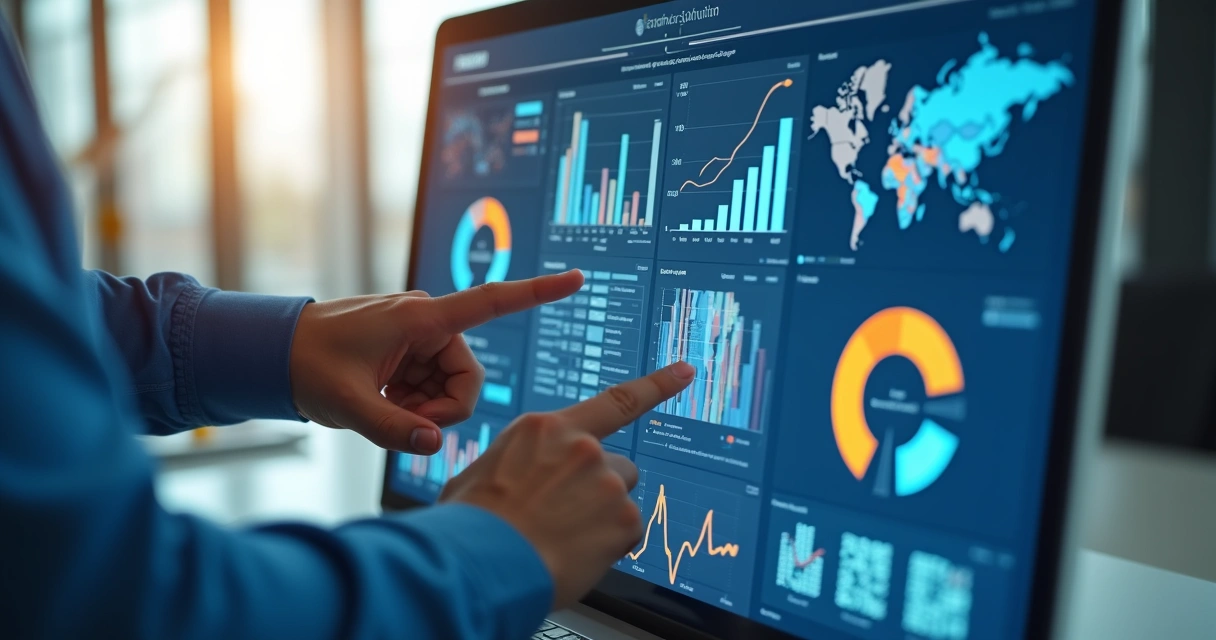 Painel digital em computador com gráficos de INSS em obra, mãos interagindo com tela touch 