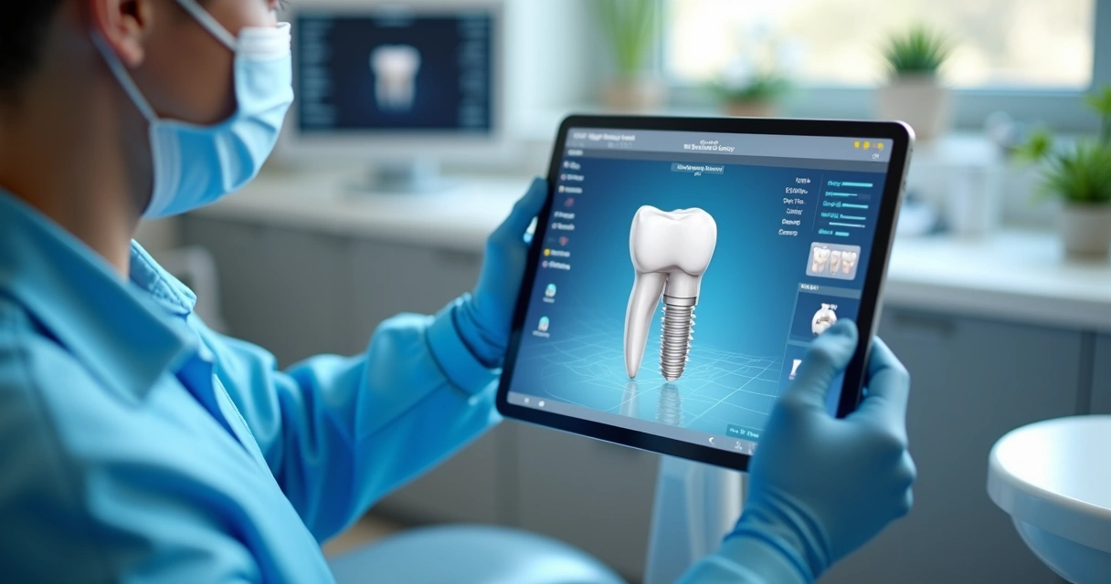 Dentista usando tecnologia digital para planejar implante dentário 