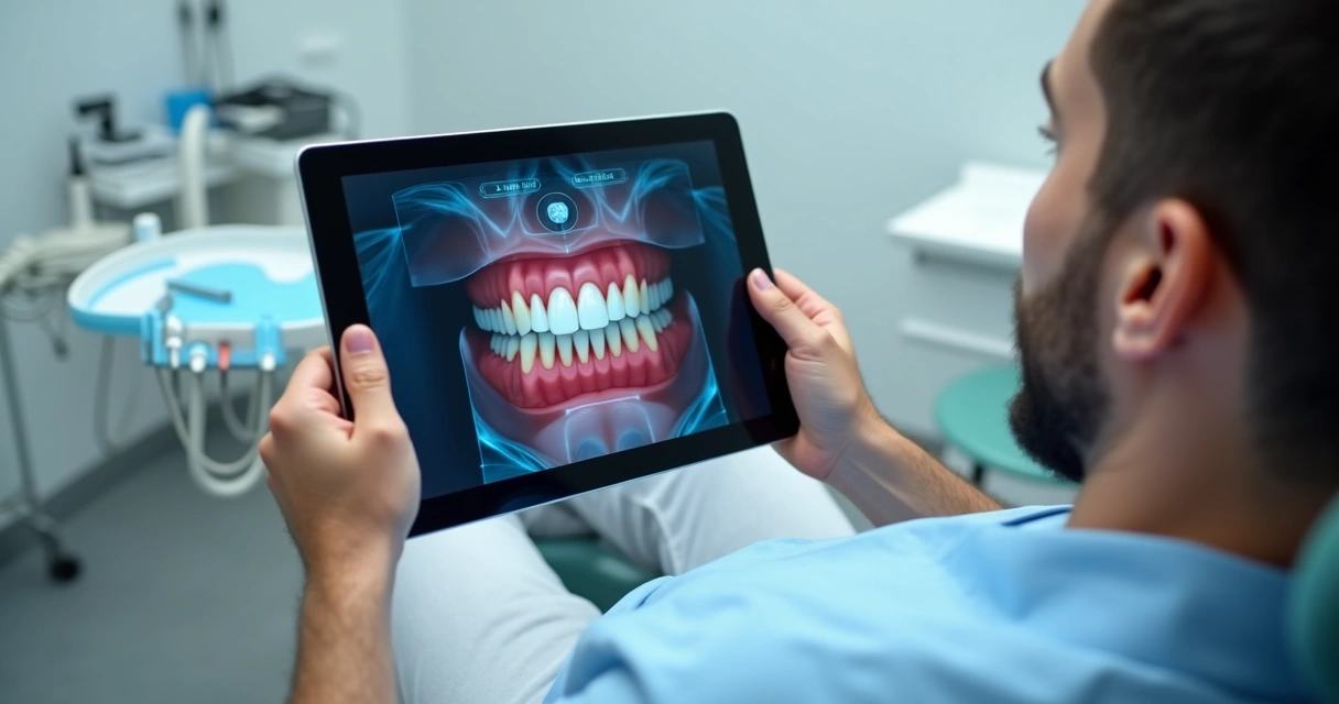 Odontograma digital exibido em tablet durante atendimento 