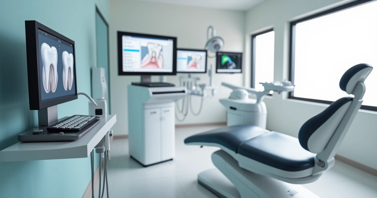 Sala de atendimento odontológico moderna com equipamentos digitais de última geração