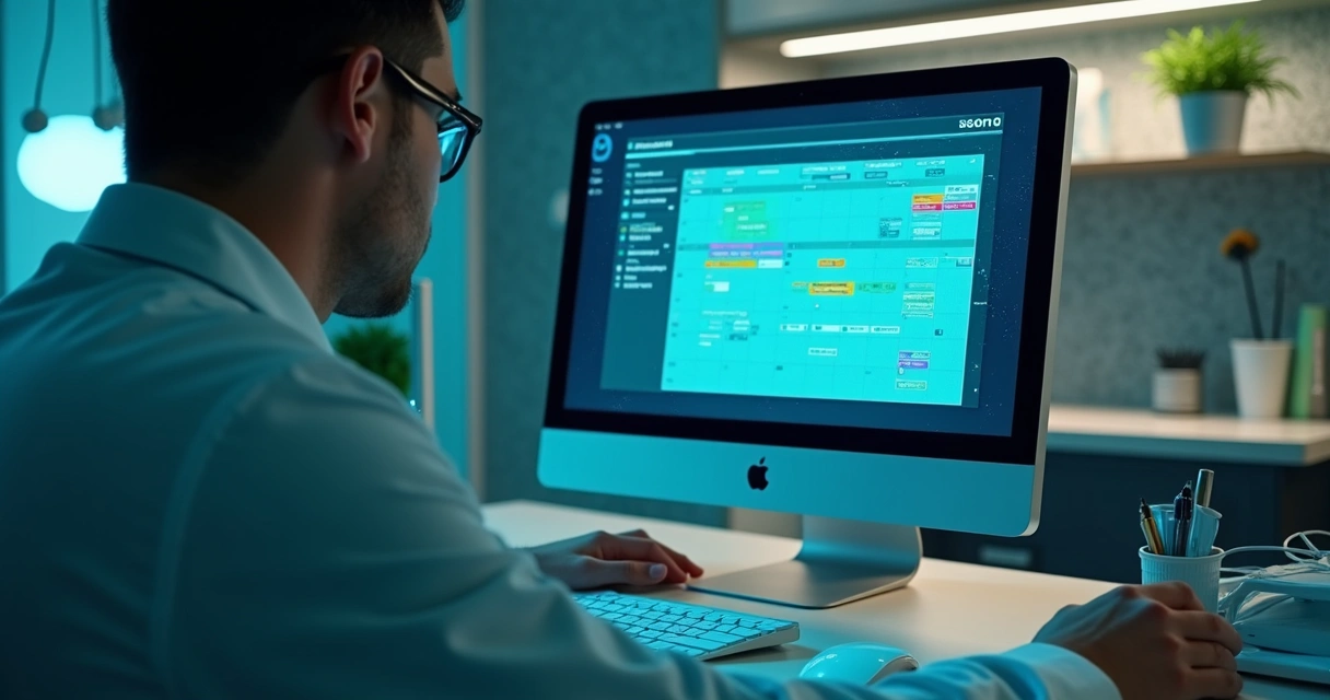 Tela de software odontológico com calendário digital e prontuário aberto 