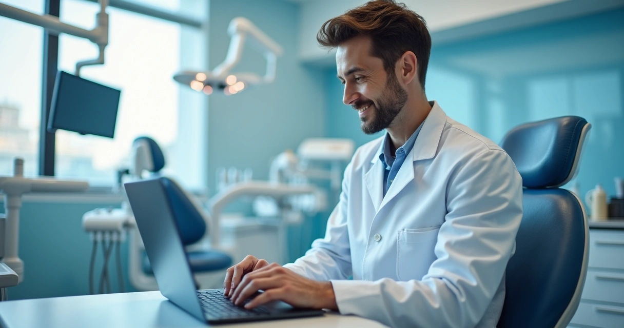 Dentista usando notebook com software de gestão clínica odontológica 