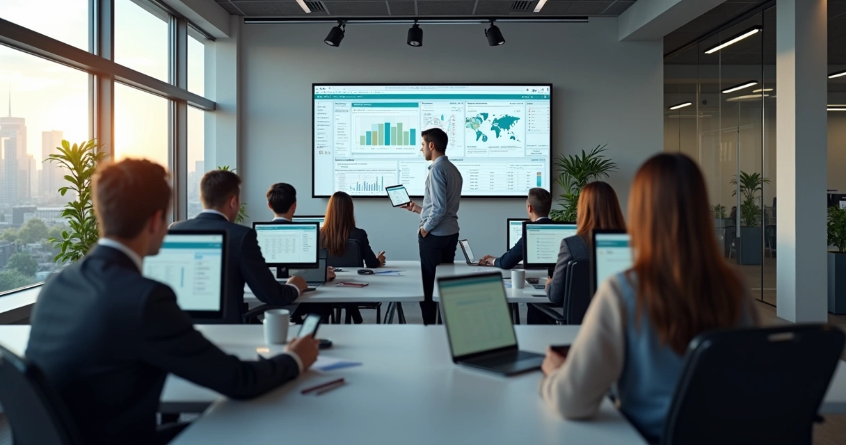 Ambiente corporativo com tecnologia de onboarding personalizada e colegas interagindo 