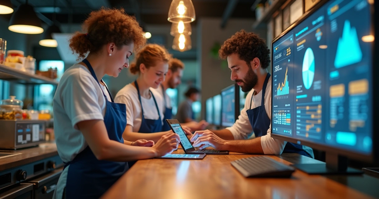 Equipe de restaurante usando tecnologia com inteligência artificial 