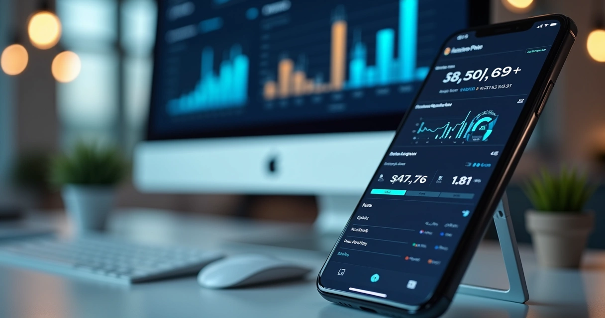 Monitor de computador com painel de vendas ao lado de smartphone exibindo aplicativo de métricas 