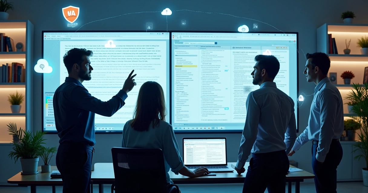 Equipe jurídica analisando contratos em telas de computador 