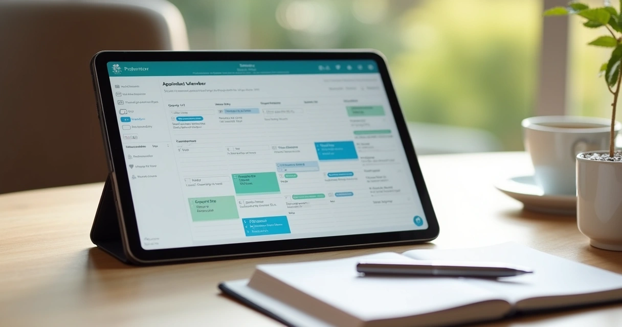Tablet com agenda digital ao lado de xícara de café 