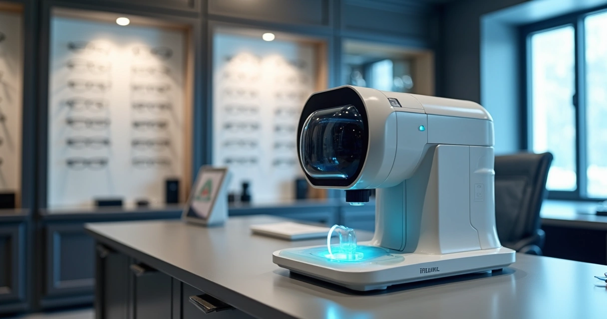 Visão de equipamento digital óptico moderno sobre bancada em ótica 