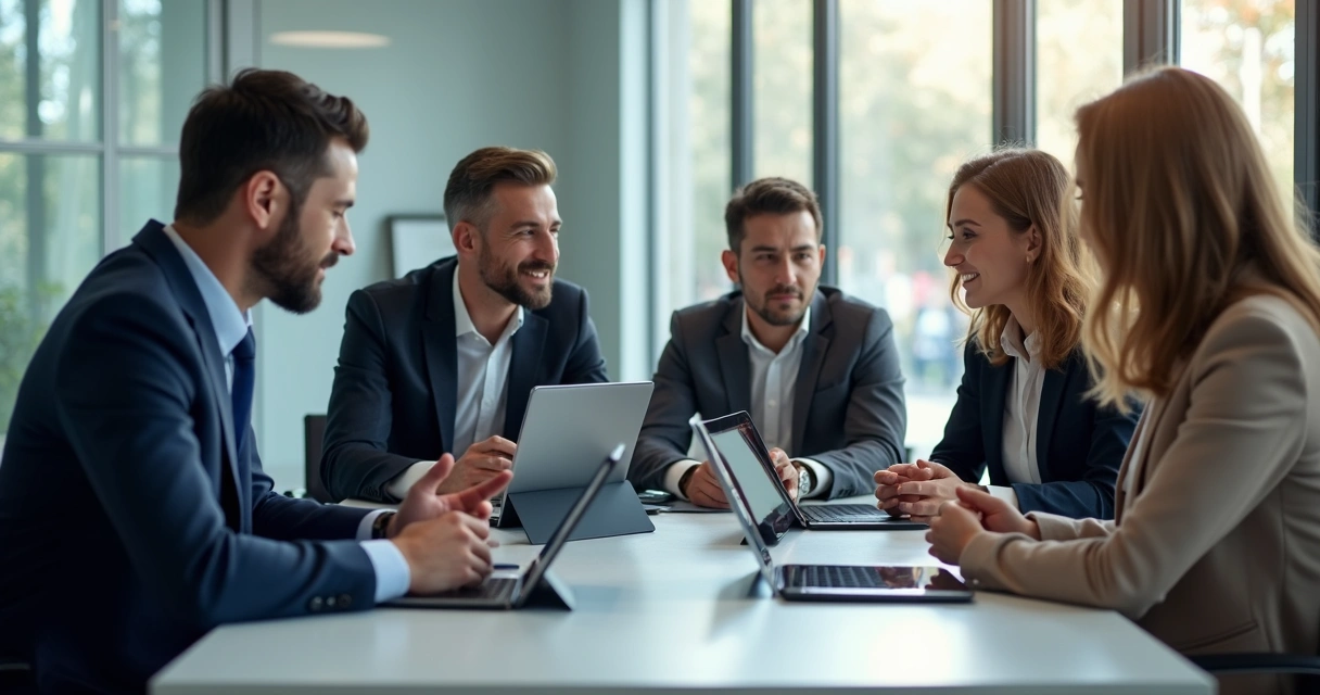 Consultor de TI apresentando tablets personalizados para gestores empresariais 