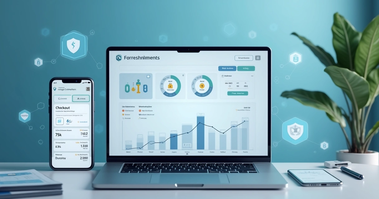 Computador e smartphone exibindo plataformas de pagamento digital com gráficos e ícones financeiros ao fundo 