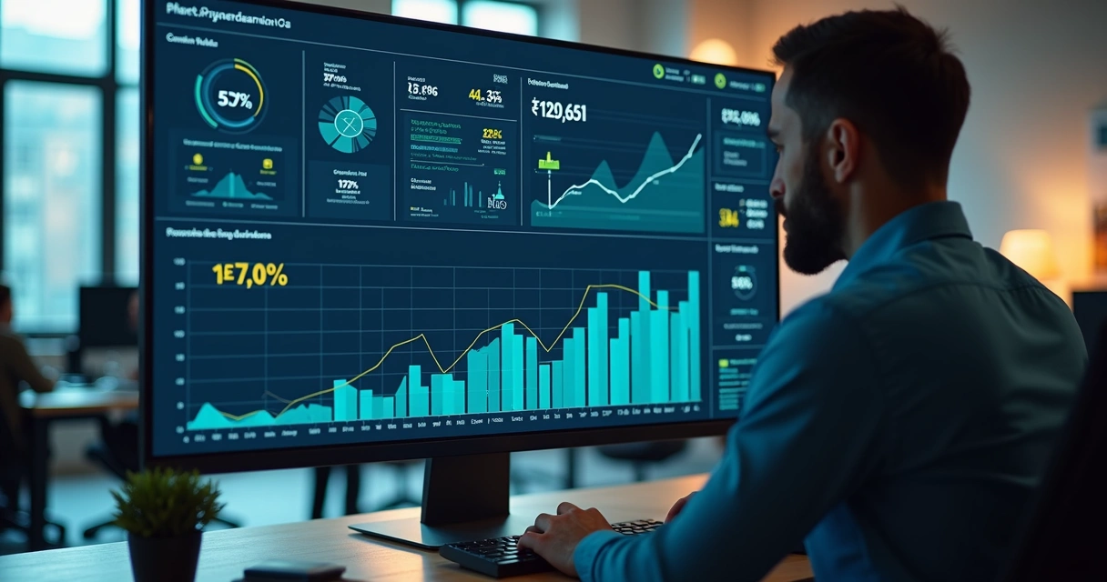 Painel financeiro digital com gráficos interativos 
