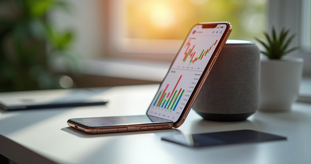 Celular com aplicativo financeiro mostrando gráficos coloridos 