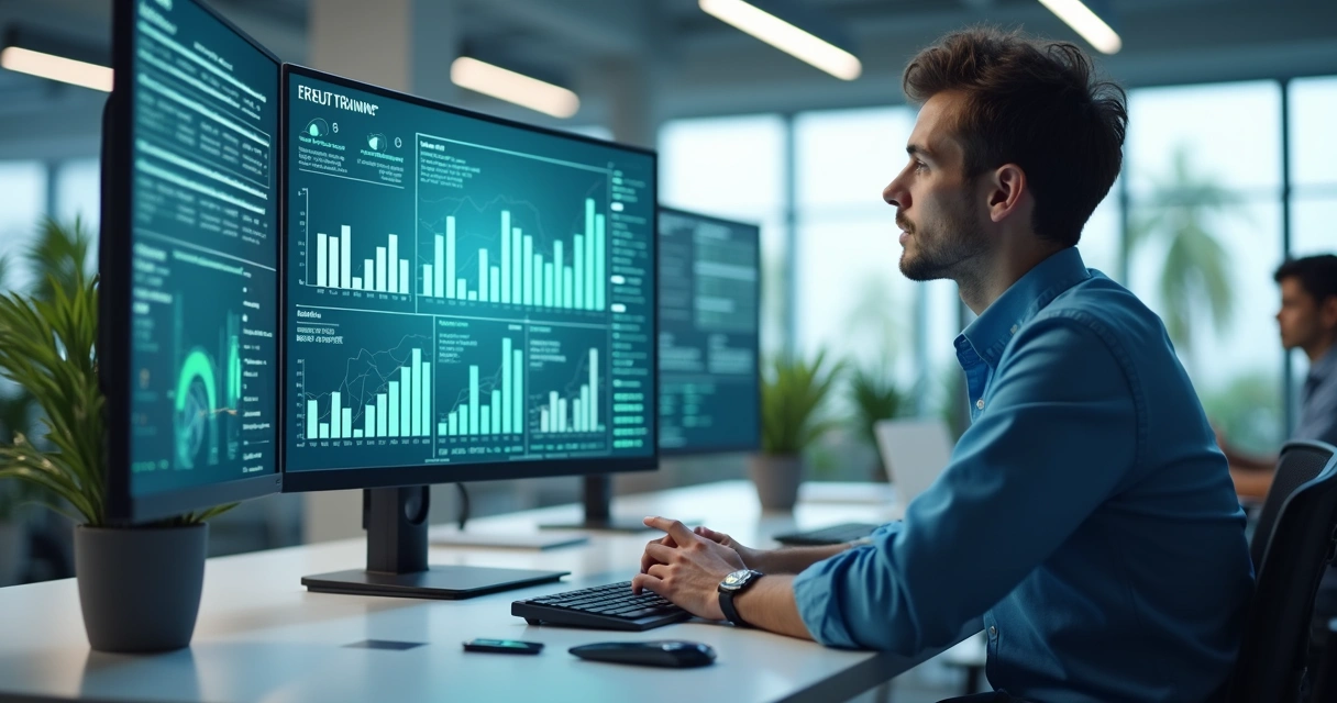 Gráficos digitais em tela ao lado de jovem em treinamento 